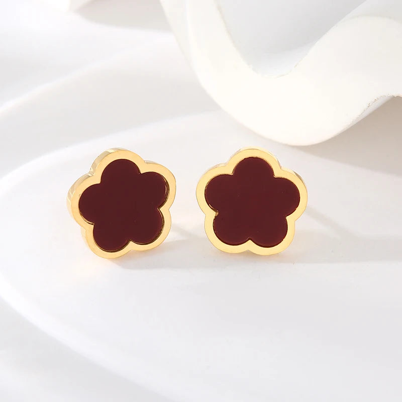 Ganemly 316L Stainless Steel Black Five Leaf Clover Stud Earrings for Women Trendy Waterproof Ear Jewelry Gift