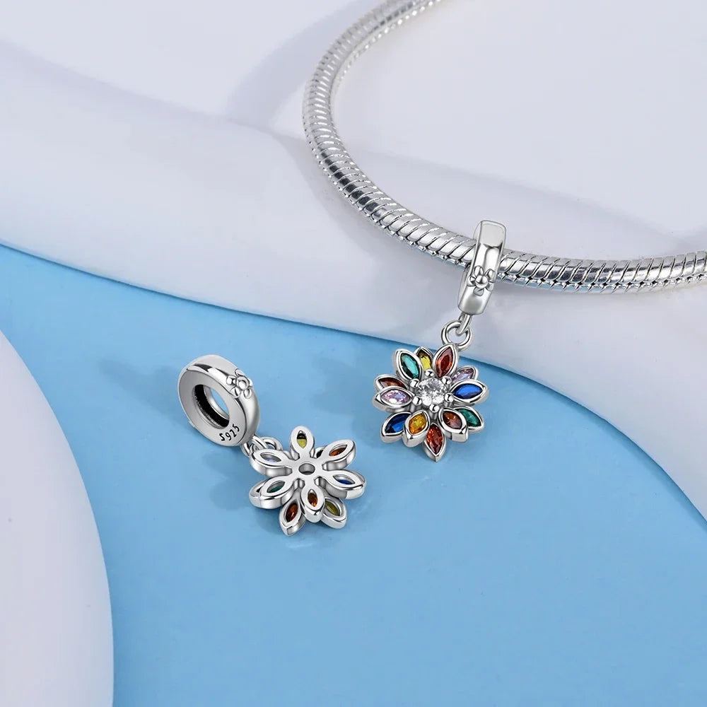 925 Sterling Silver Rose Sakura Flower Dangle Charm with Zircon for DIY Jewelry and Bracelets
