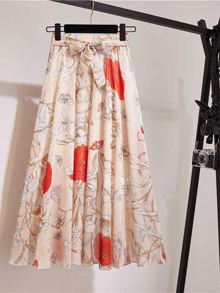 Chiffon Midi Skirt Women High Waist Korean Style White