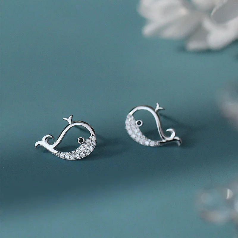 Sterling Silver Whale Stud Earrings for Women with Zircon Gemstones