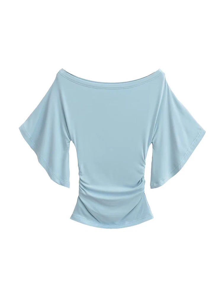 Dozw Women Off Shoulder Bat Sleeve Slim Top Cinched Waist