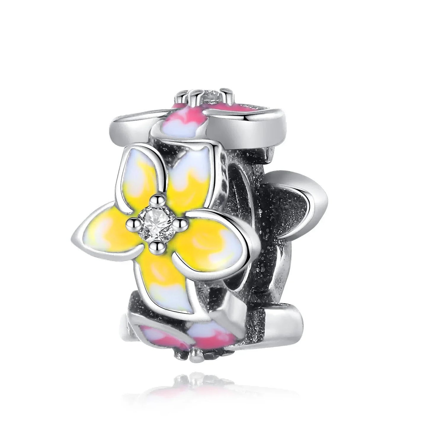 925 Sterling Silver Rose Sakura Flower Dangle Charm with Zircon for DIY Jewelry and Bracelets