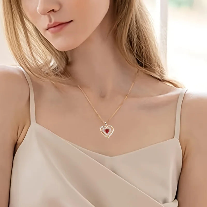 Luxury Red Zircon Pendant Necklace with Rose Flower Gift Box for Women Golden