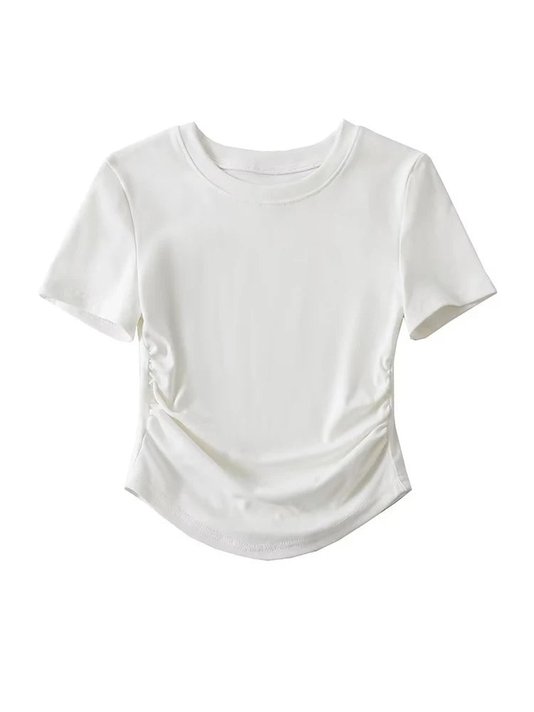 Harajuku 2024 Womens Crew Neck Ruched Side Cotton Tee