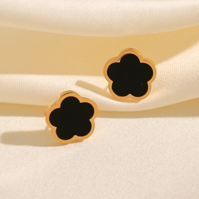 Ganemly 316L Stainless Steel Black Five Leaf Clover Stud Earrings for Women Trendy Waterproof Ear Jewelry Gift