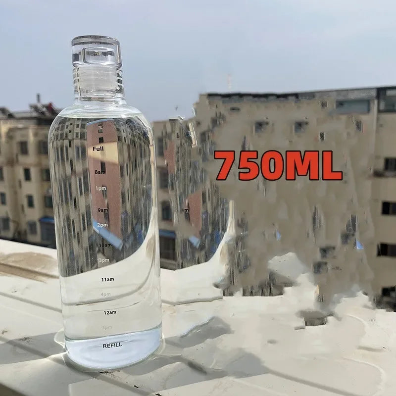 Large Portable Glass Water Bottle With Time Marker