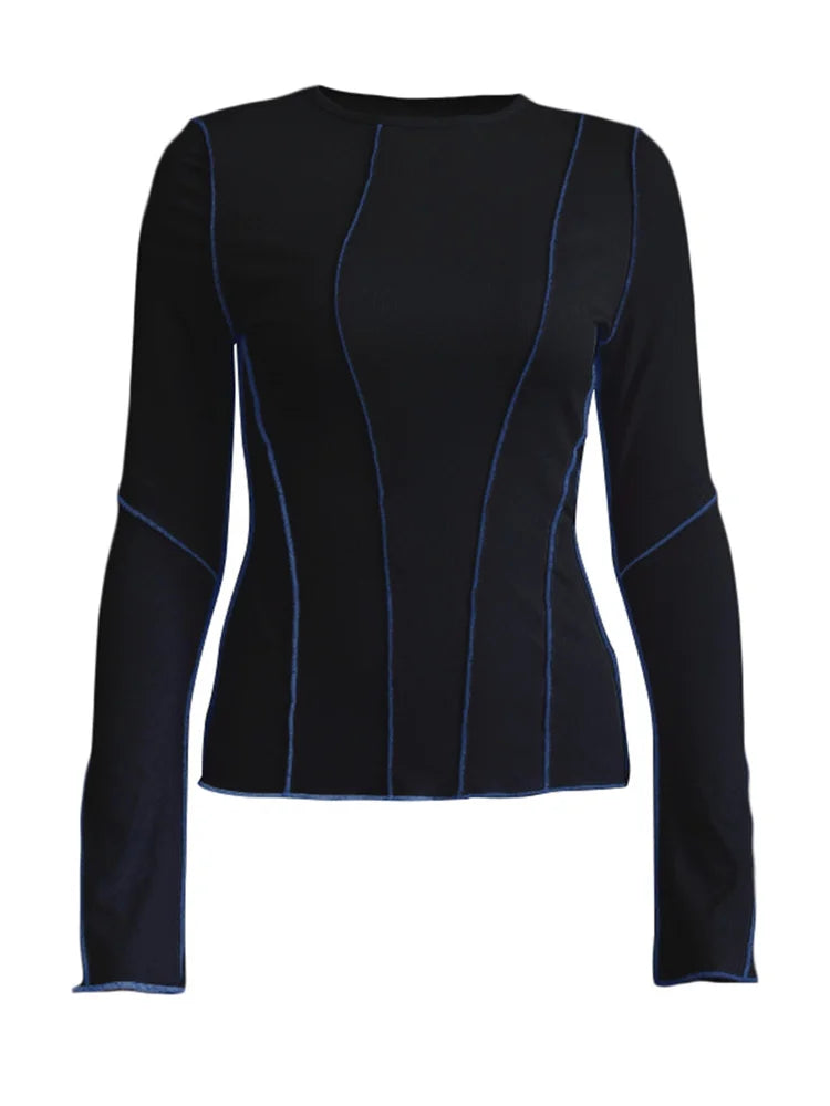 Dozw Patchwork Knit Tee For Women Chic Long Sleeve Ribbed