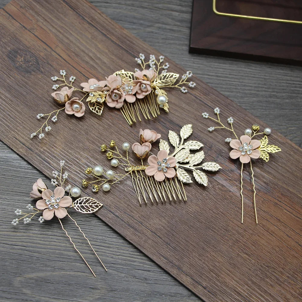 Elegant Bridal Pearl Hair Accessories Set – Floral Tiara, Barrette, and Combs for Wedding Elegance