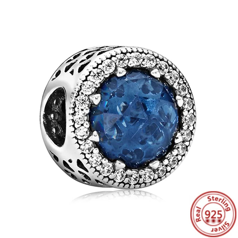 Sterling Silver Blue Zircon Feather Crown Moon Pendant Charm Bracelet Beads RS019SHENLAN 3mm-4mm