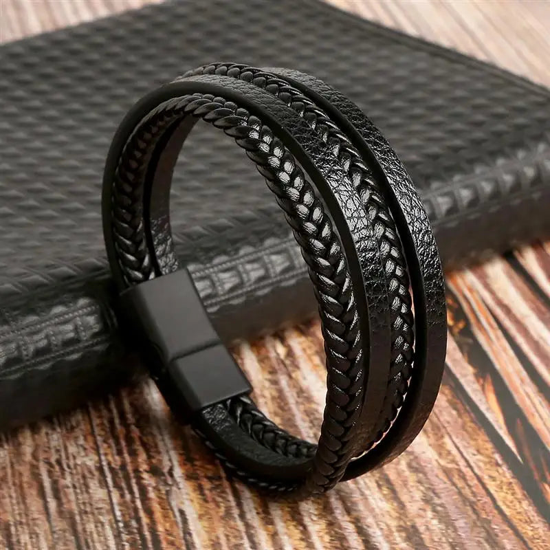 Men's Leather Bracelet with Stainless Steel Tree of Life Charm - Stylish Multi-Layer Fashion Accessory