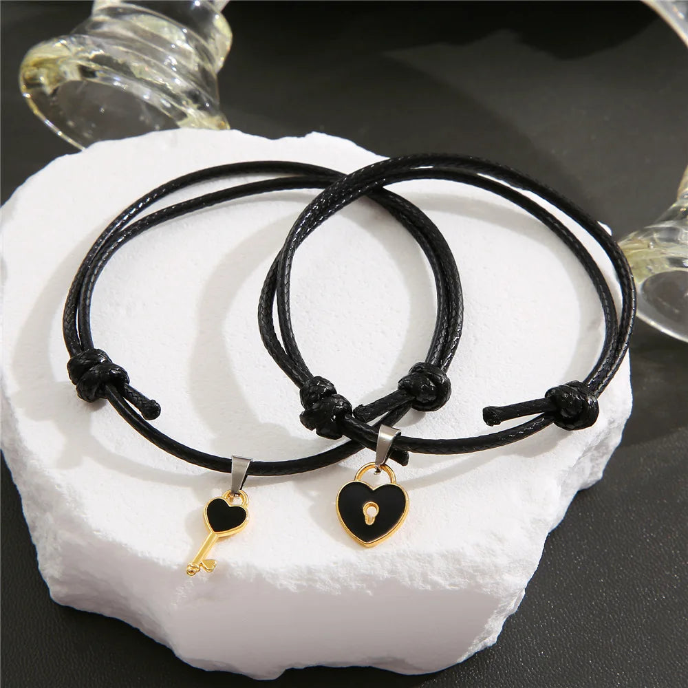 Charm Black Heart Key Lock Adjustable Couple Bracelets Set for Lovers