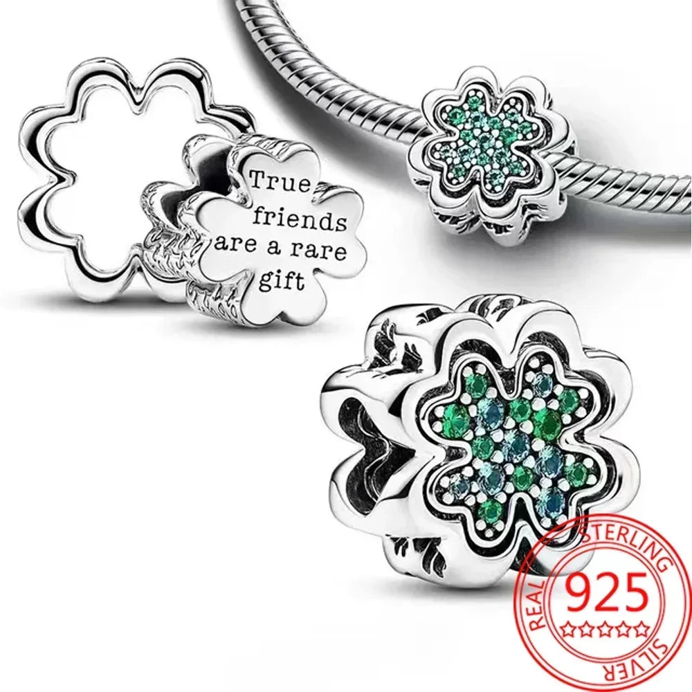 Green Series Sterling Silver Lucky Four Leaf Clover Charms with Zircon Beach Beads for Bracelets and Necklaces