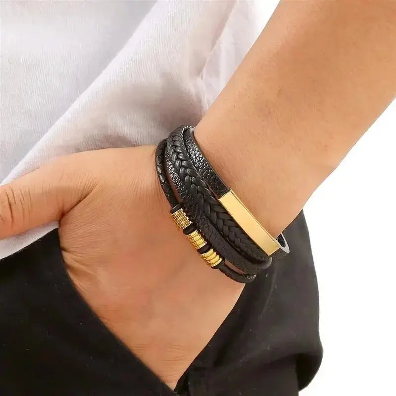 Multi-Layered PU Leather Men's Bracelet With Magnetic Closure And Gold Metal Tube Charm
