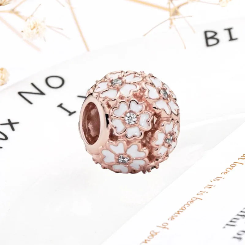 Rose Gold Winged Angel Heart Charm Bead Pink Daisy Spacer