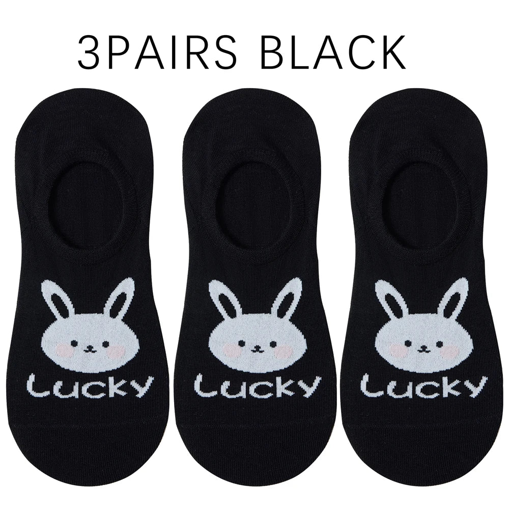 Kawaii Rabbit No Show Socks For Women 3 Pairs Cotton