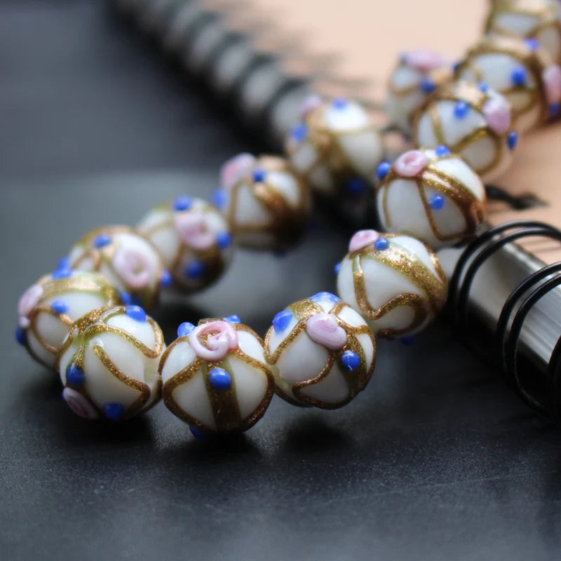 Handmade Lampwork Glass Flower Beads Set with Gold Accents for Jewelry Crafting