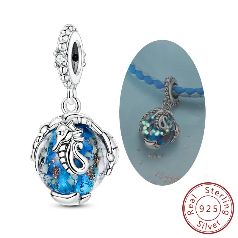 925 Sterling Silver Ocean Turtle Beach Charms Blue Shell