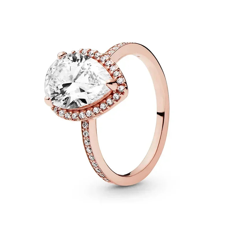 Elegant 925 Sterling Silver Rose Gold Zircon Crown Ring for Women Pink