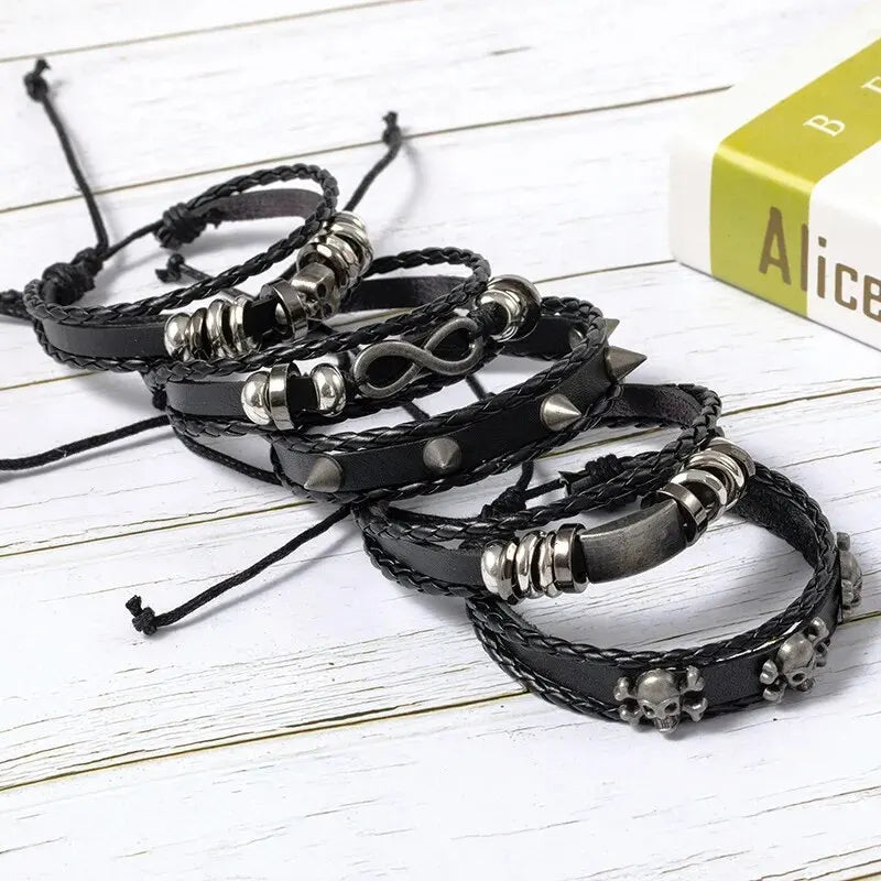 Punk Style Braided Bracelet Set of 5 with PU Leather and Beads