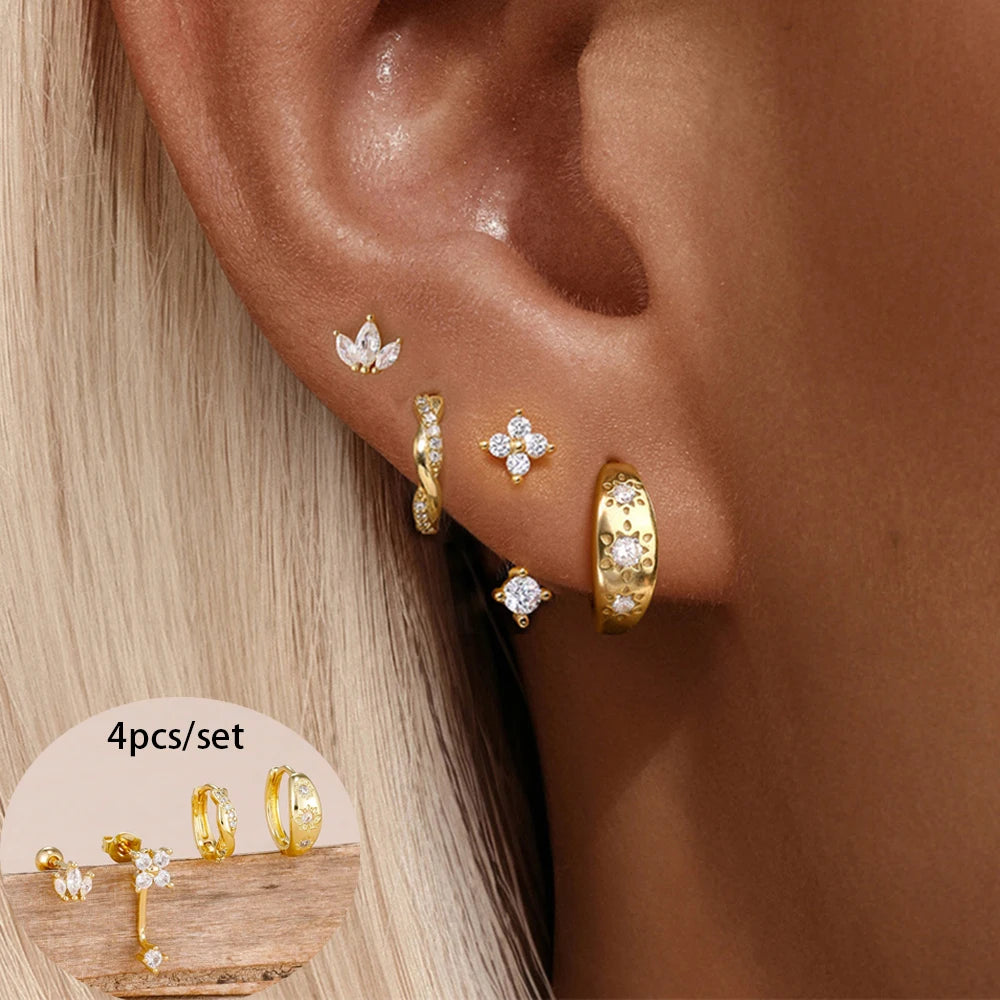 4PCS Fashion Stainless Steel Zirconia Star Huggie Hoop Earrings Set with Flower Studs for Women