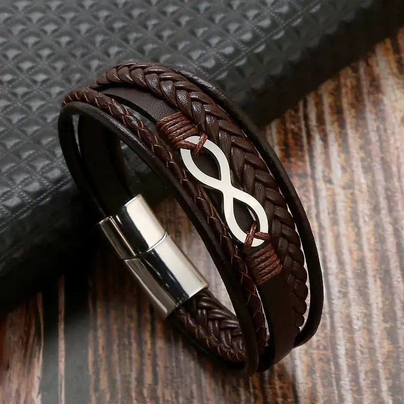 Men's Leather Bracelet with Stainless Steel Tree of Life Charm - Stylish Multi-Layer Fashion Accessory