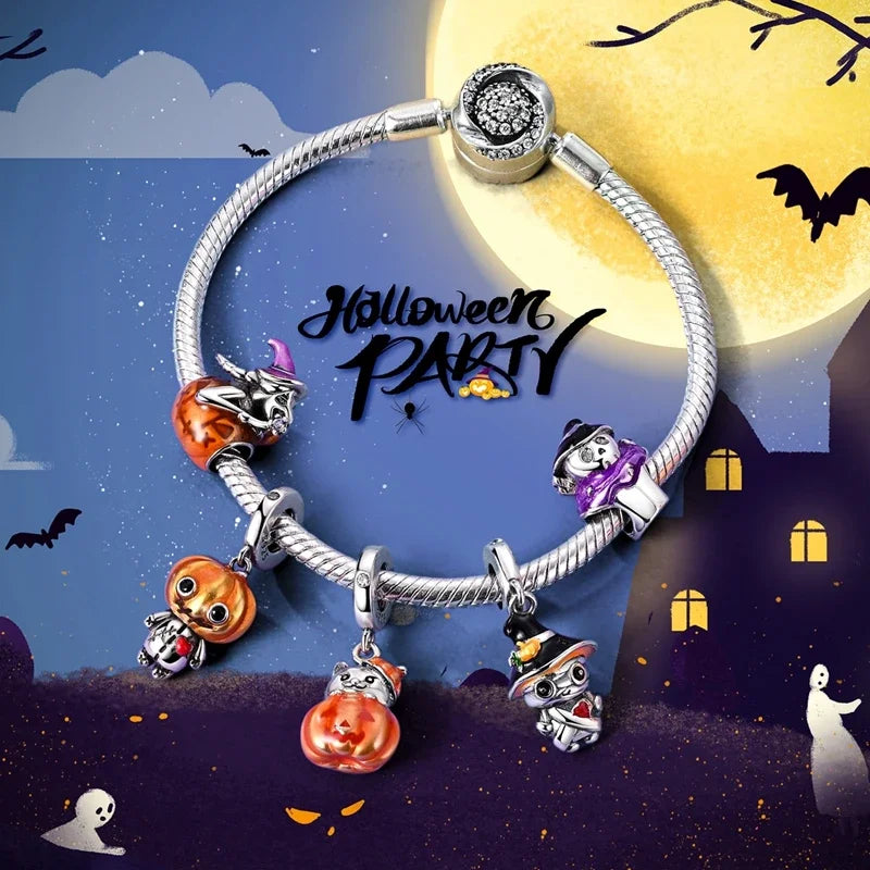 925 Sterling Silver Halloween Charms Pumpkin Ghost Witch Hat Pendant Beads for DIY Bracelet Necklace