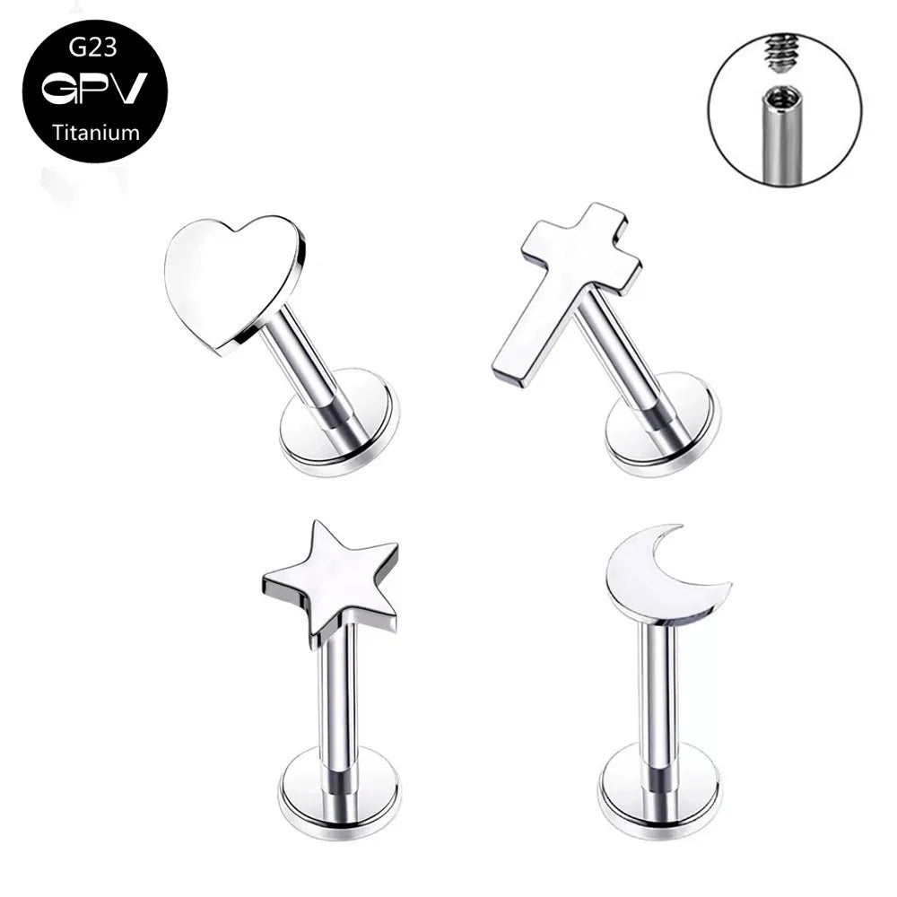 G23 Titanium Stud Earrings with Star Moon Cross Design for Cartilage Piercing Jewelry