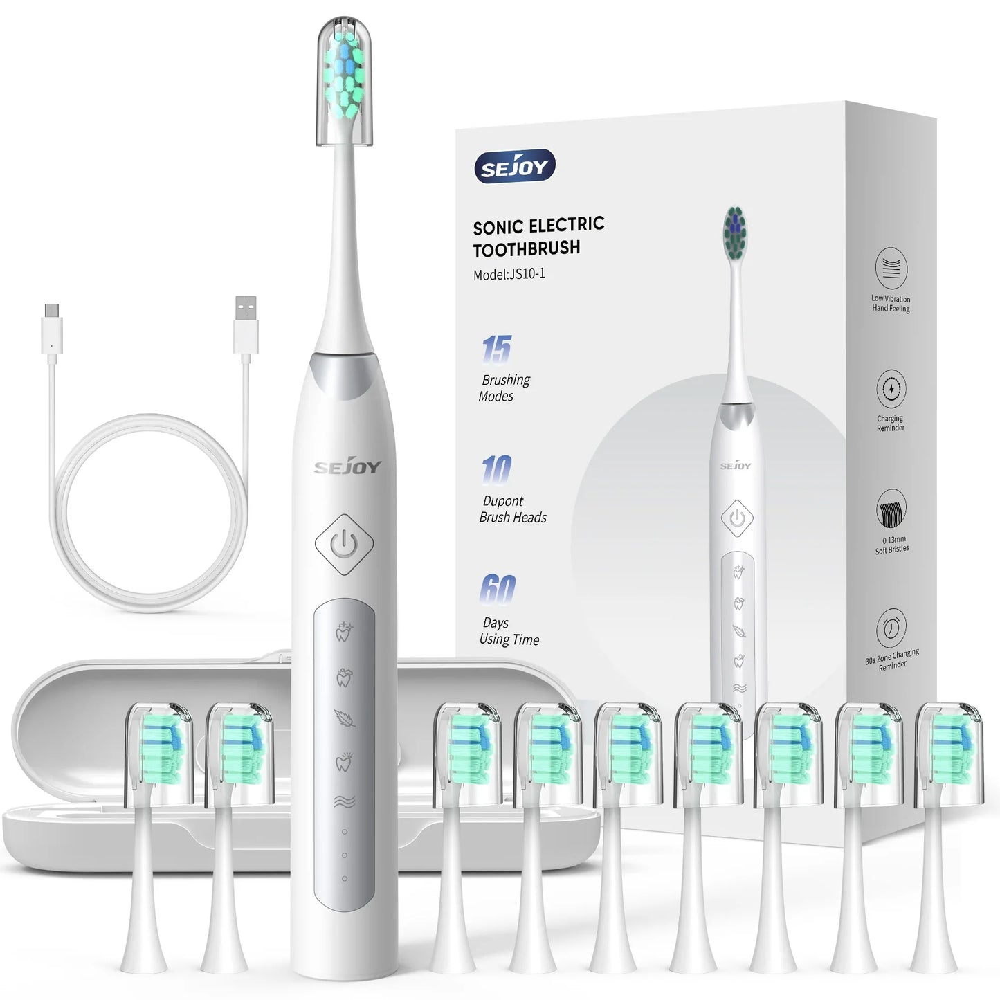SEJOY Sonic Electric Toothbrush JS10 5 Modes Smart Care White Set