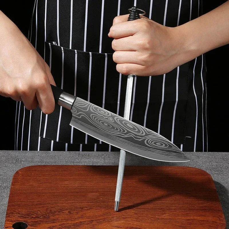 Laser Damascus Pattern Stainless Steel Kitchen Knife Set With Scissors And Sharpening Rod For Precision Cutting And Chef Use