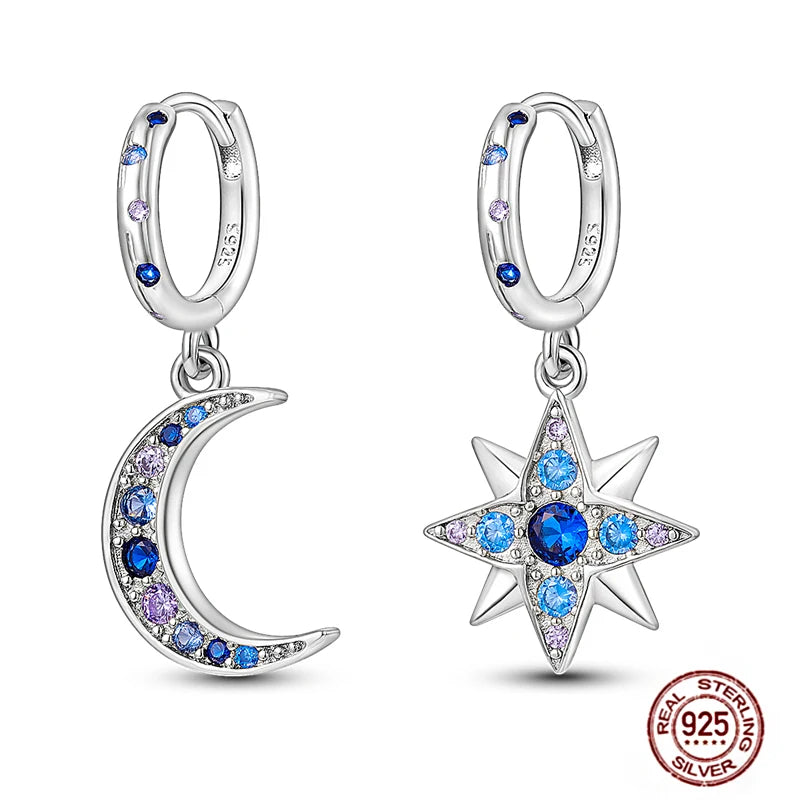 Blue Zircon 925 Sterling Silver Hoop Earrings Star Moon Butterfly Jewelry LTE027