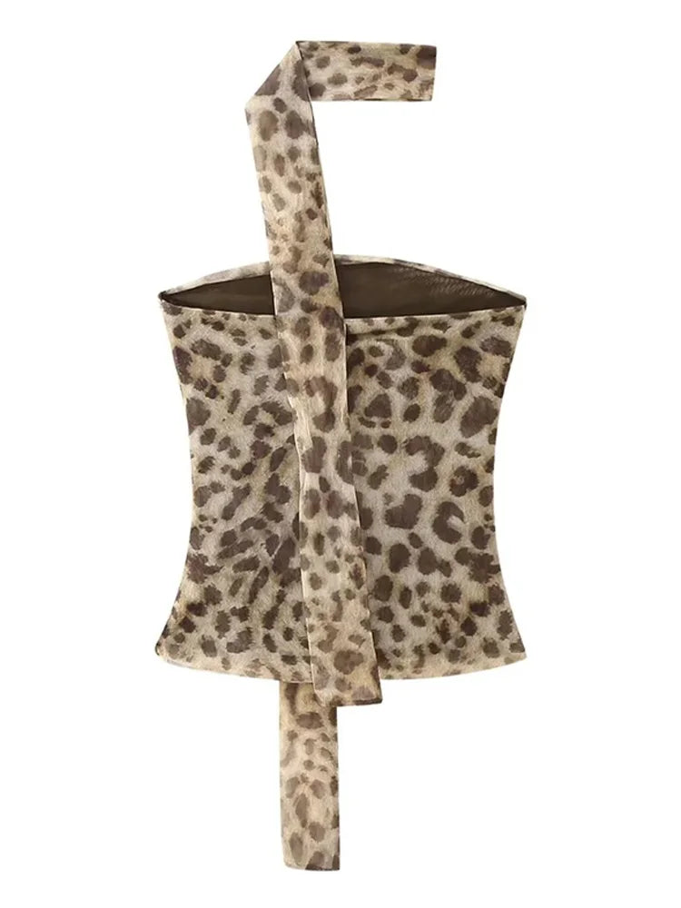 Dozw Leopard Print Crop Top Ruched Corset Backless Women