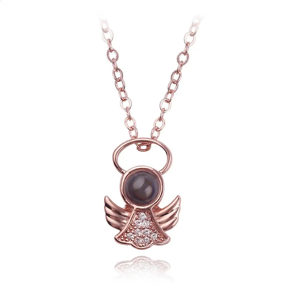 Angel Necklace with 100 Language I Love You Projection Pendant Romantic Gift for Girlfriend Mom 2024 Rose Golden 45cm