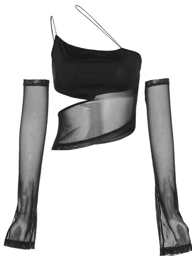 Asymmetrical Mesh Crop Top With Sleeves Fairy Grunge