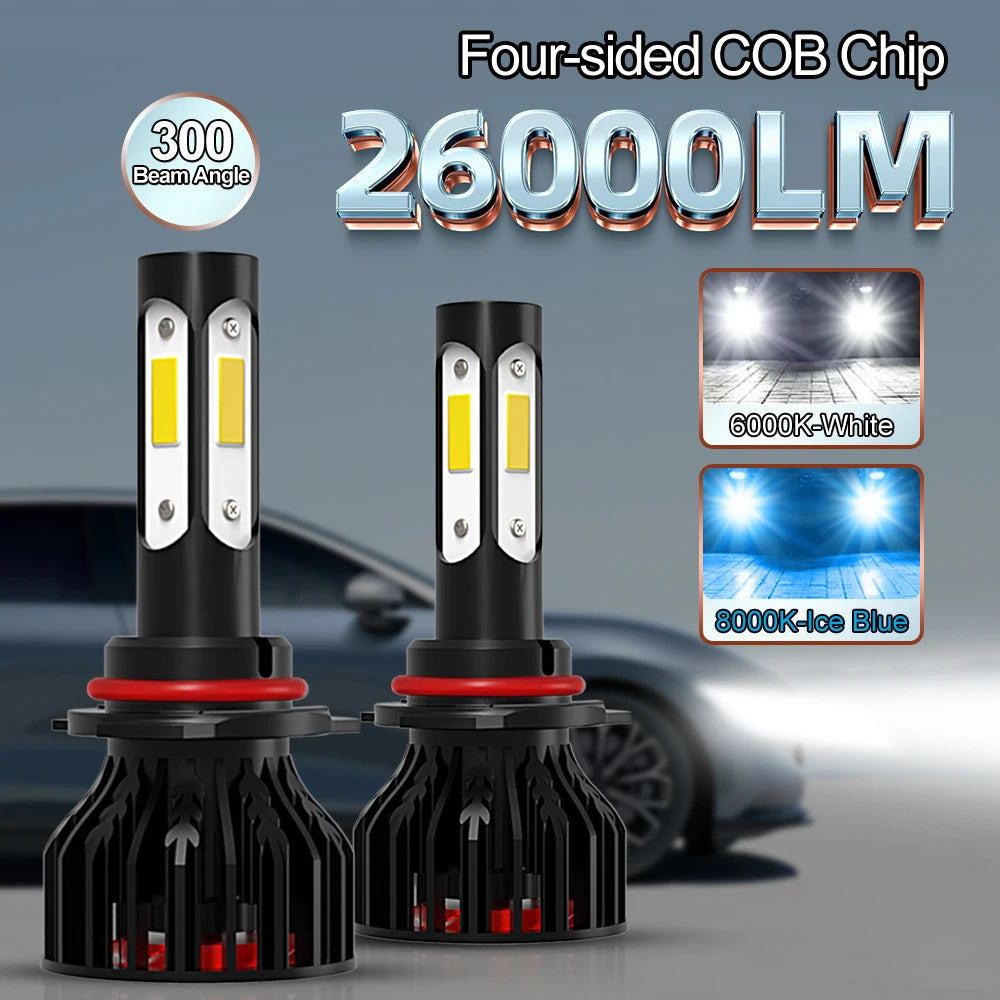 ChicYoo 2pcs High Power Car LED Headlight Bulbs 26000LM 6000K White 8000K Ice Blue 360 Degree Beam 4 Sides Aviation Aluminum 9005 HB3 9006 HB4 H4 H7 H11 H13 9004 9007 Compatible