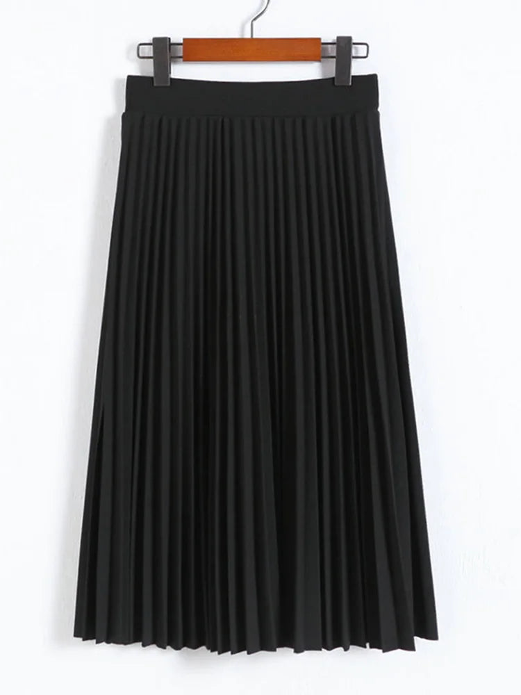 High Waist Pleated Skirt For Women Solid Color Elastic