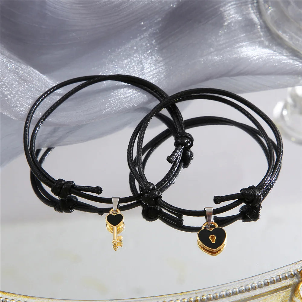 Charm Black Heart Key Lock Adjustable Couple Bracelets Set for Lovers