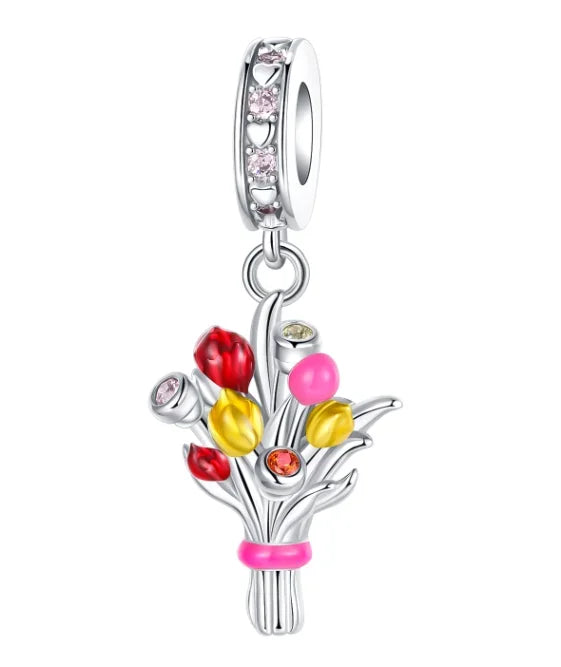 925 Sterling Silver Colorful Flower Charms with Zircon Roses Tulips and Daisies for DIY Necklace and Bracelet Jewelry Gifts