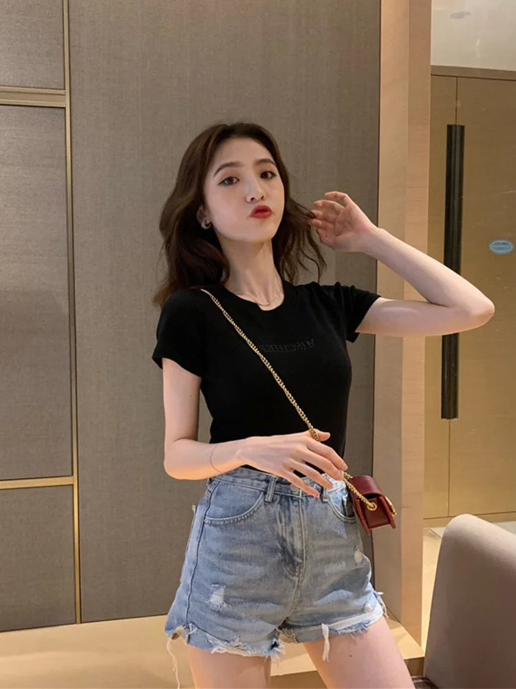 Dozw Cotton Embroidered Womens Slim Short Sleeve T Shirt