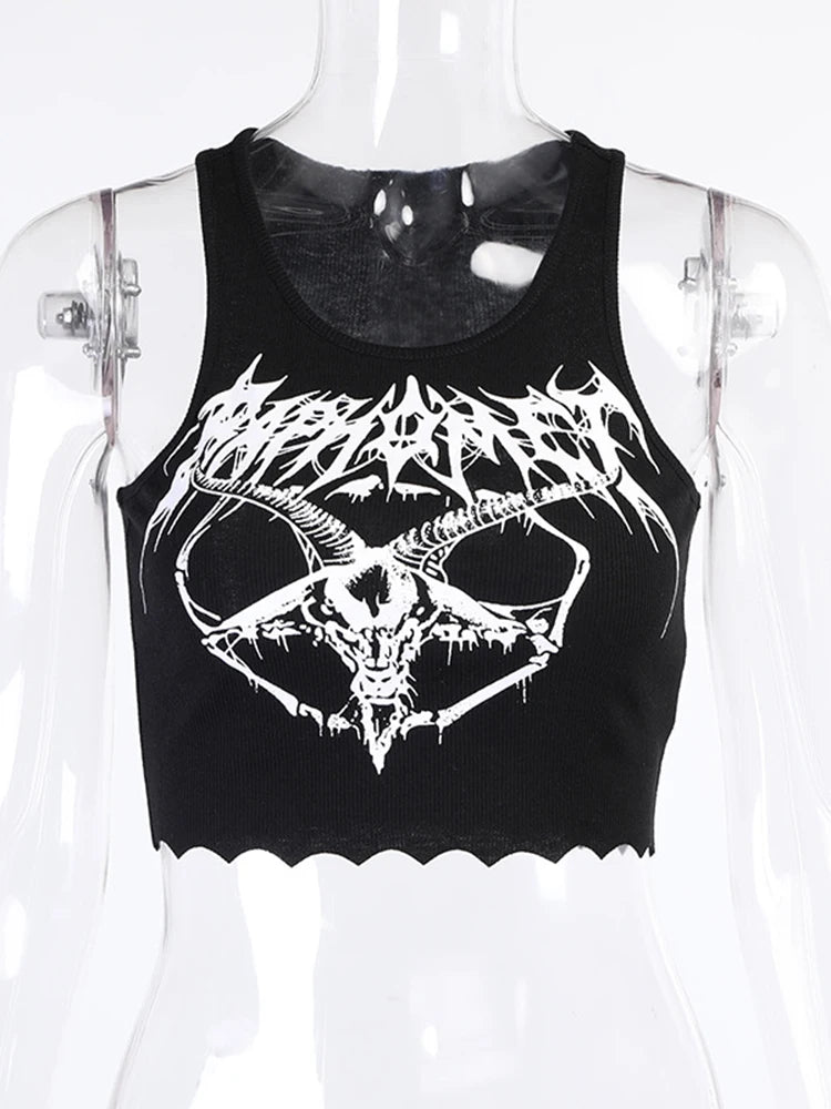 Gothic Punk Black Goat Print Crop Tank Top Harajuku
