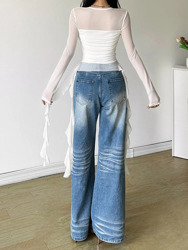 Sexy Slash Neck Off Shoulder Gauze Tee Women Y2K Grunge Top