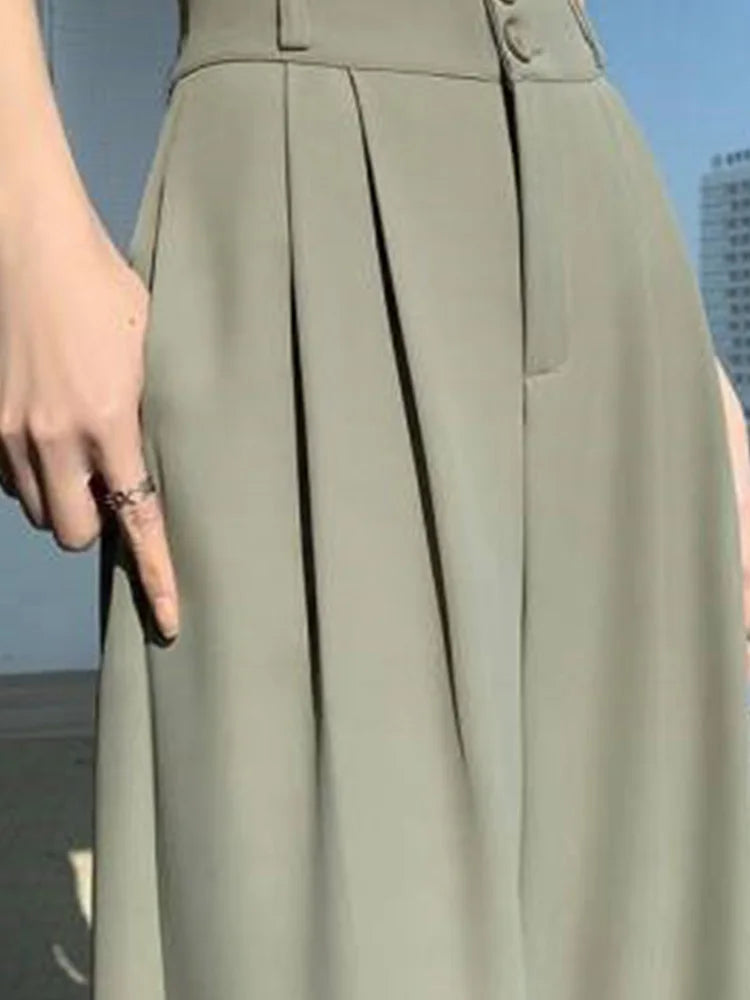 High Waist Wide Leg Pants Women Coffee Autumn Double Buttons