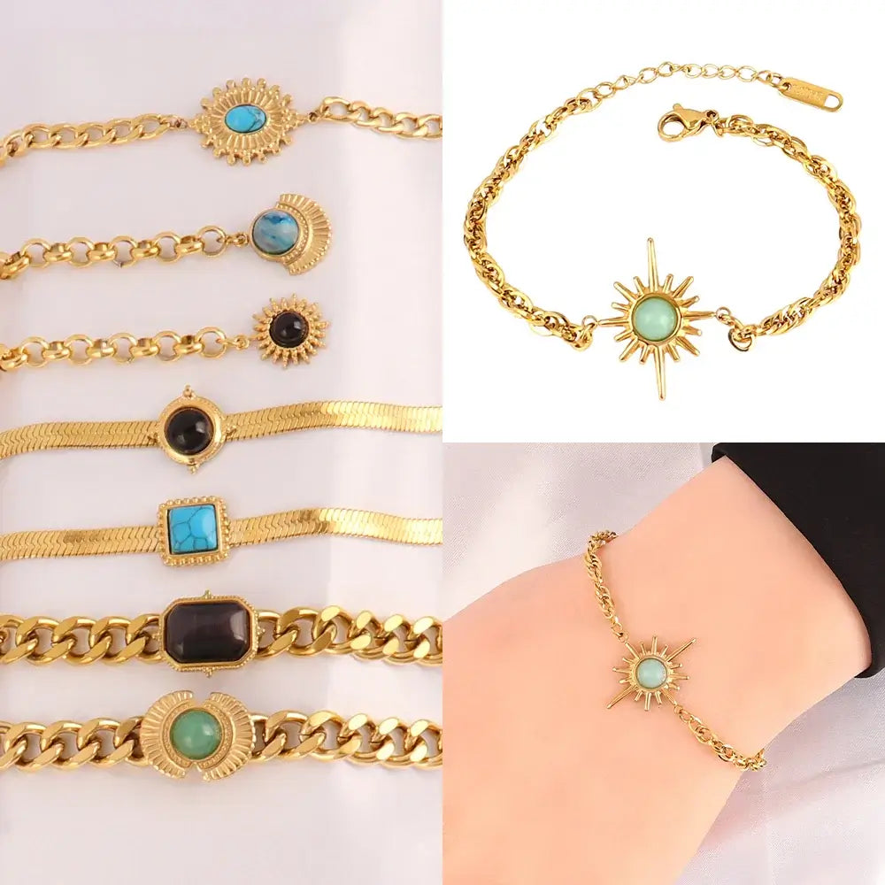 Vintage Stainless Steel Bracelet for Women with Turquoise Pendant