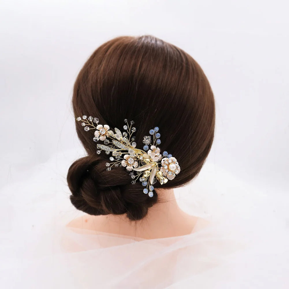 Vintage Golden Floral Hairpin With Frosted Crystal Pearls For Bridal Elegance