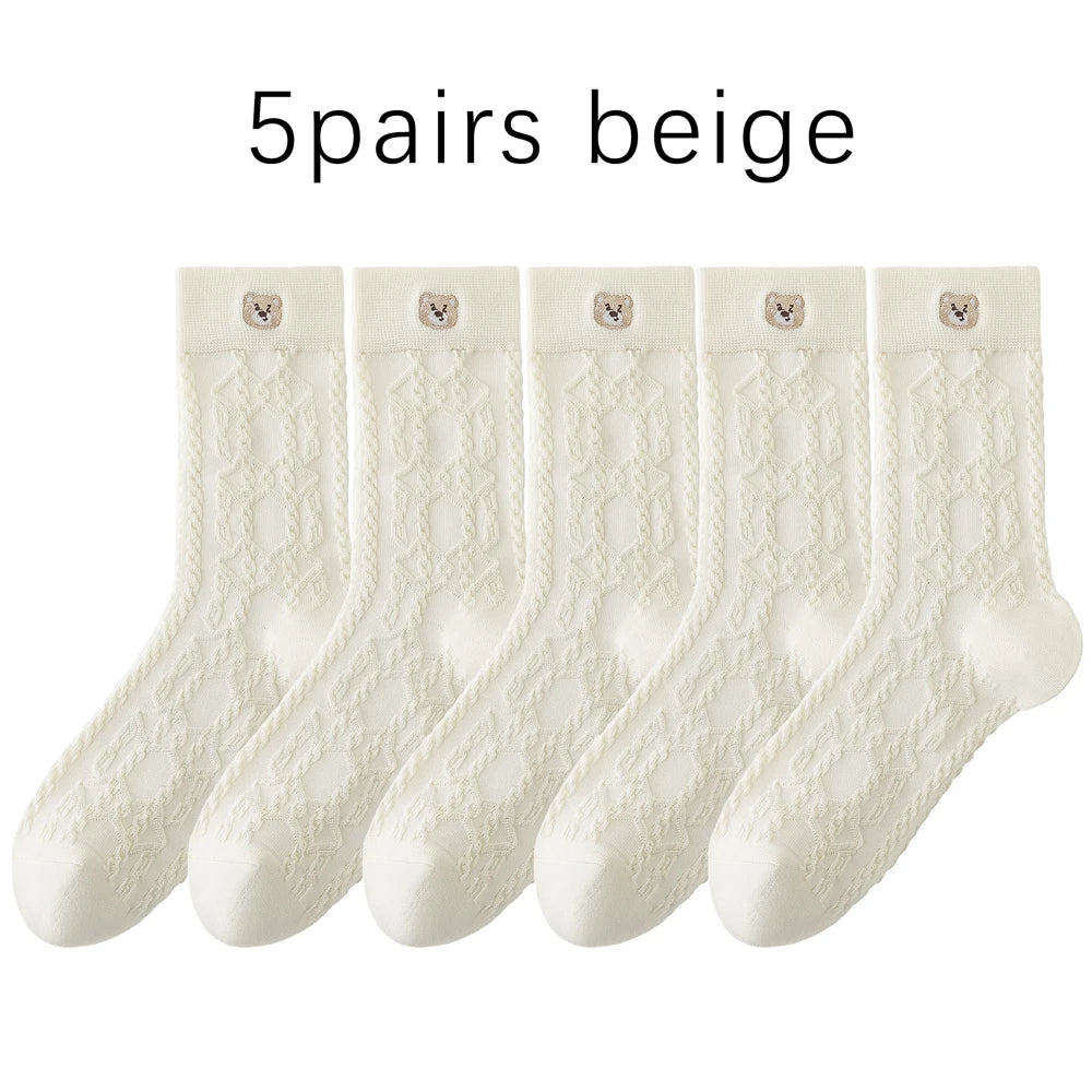 Kawaii Japanese Embroidered Cotton Mid Calf Socks 5 Pairs