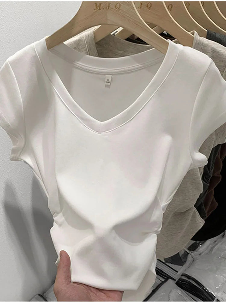 Dozw Women V Neck Elastic Korean Short Sleeve Summer Top