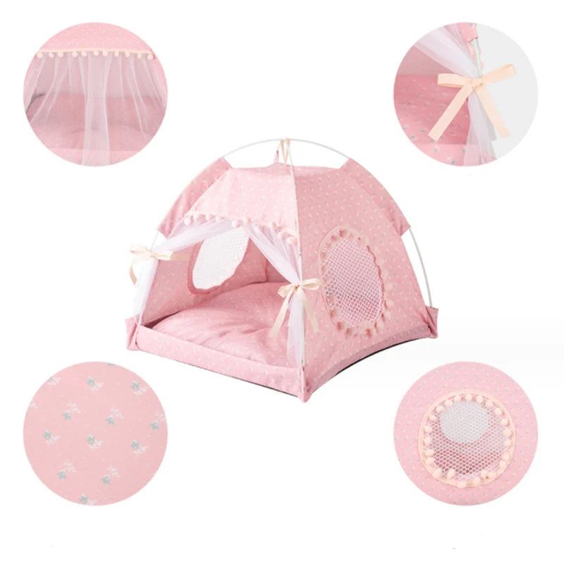 Sweet Princess Cat Bed Foldable Tent Cute Cat House Cushion