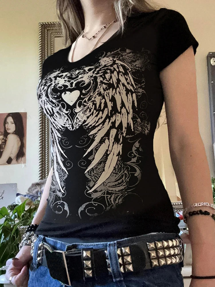 Casual Dark Printed T Shirt Basic Slim O-Neck Short Sleeve Tees Women 2025 Summer Fashion Streetwear Grunge Fairycore