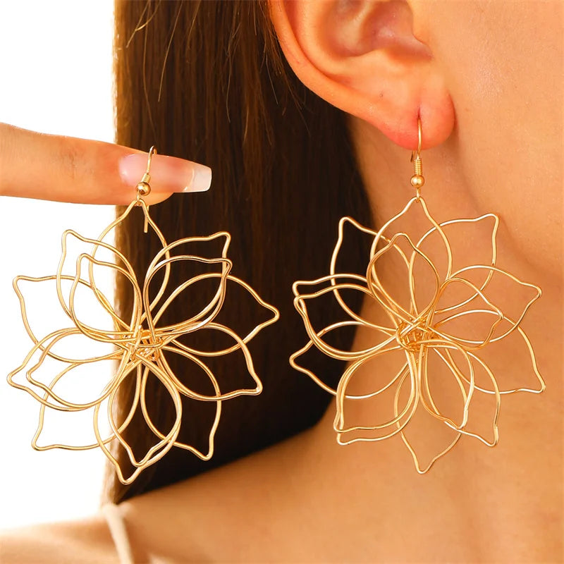 XIALUOKE Exquisite Metal Flower Dangle Earrings For Women Elegant Party Jewelry Gift