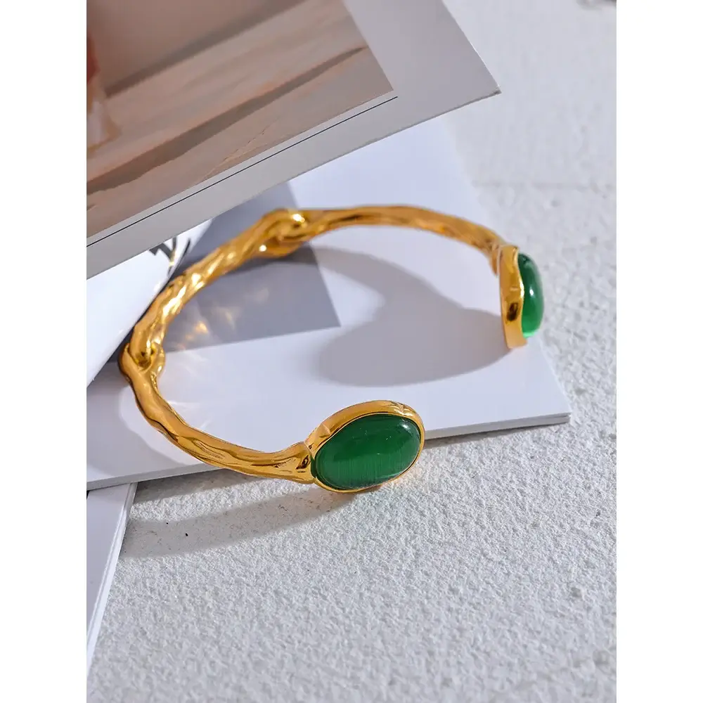 Yhpup Green Natural Stone Gold Cuff Bracelet Bangle