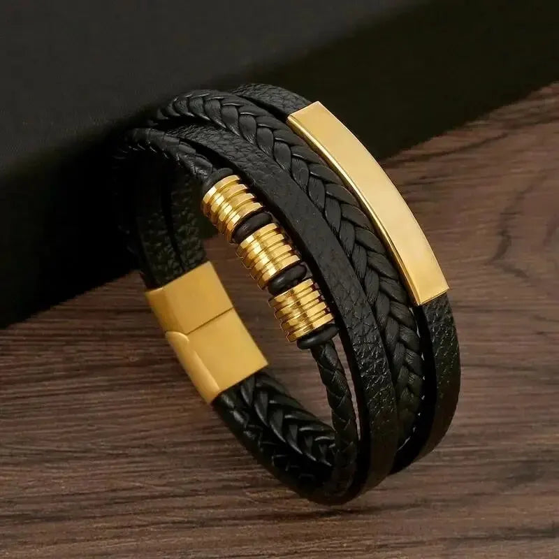 Multi-Layered PU Leather Men's Bracelet With Magnetic Closure And Gold Metal Tube Charm ASL70044G